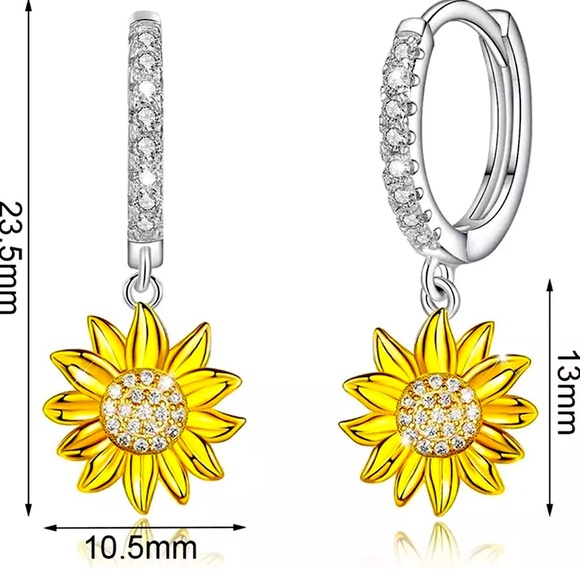 Gold Sunflower in White Zirconia Dangle Women Earrings - Picture 7 of 9